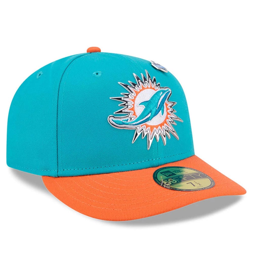 Miami Dolphins NFL Draft 2026 Turquoise New Era 59FIFTY Fitted Cap, three-quarter view showing the raised turquoise dolphin logo on the front panel, contrasting orange visor with gold 59FIFTY size sticker, and matching orange top button.