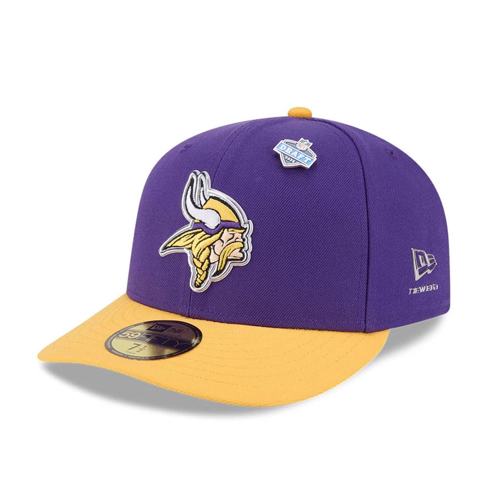 Minnesota Vikings NFL Draft 2026 Purple New Era 59FIFTY Fitted Cap, three-quarter view showing the embroidered Vikings logo in full colour on the front panel, yellow flat visor with a gold 59FIFTY size sticker, and an NFL Draft pin on the crown.