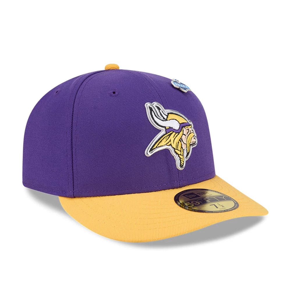 Minnesota Vikings NFL Draft 2026 Purple New Era 59FIFTY Fitted Cap, three-quarter view showing the raised embroidered team logo on the front purple panel, contrasting yellow visor with gold 59FIFTY size sticker, and a pin on the crown.