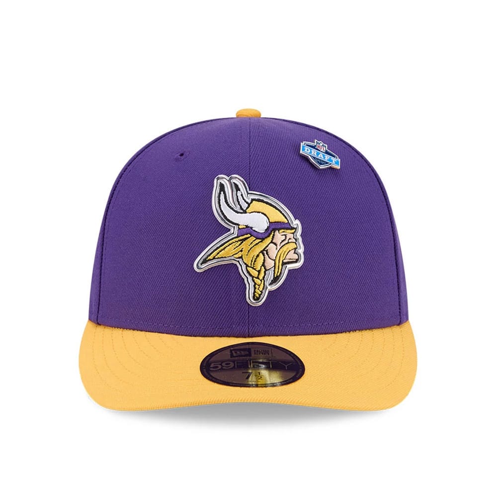 Minnesota Vikings NFL Draft 2026 Purple New Era 59FIFTY Fitted Cap, front view showing the yellow, white, and purple embroidered Vikings logo on the purple front panel, a yellow flat visor with a gold 59FIFTY size sticker, and a top button.