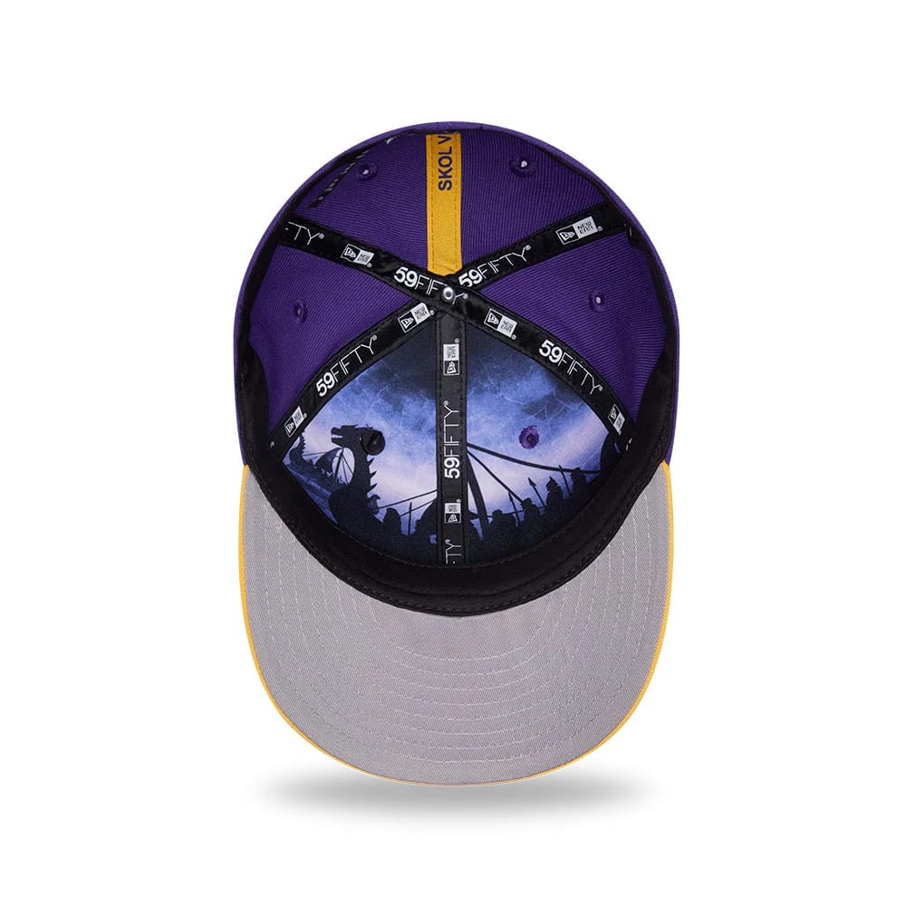 Minnesota Vikings NFL Draft 2026 Purple New Era 59FIFTY Fitted Cap, inside view showing Skol Vikings text on the yellow taped seam, Viking graphic on the purple crown panels, and grey undervisor with a contrasting yellow edge.
