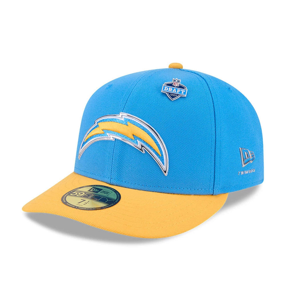 LA Chargers NFL Draft 2026 Blue New Era 59FIFTY Fitted Cap, three-quarter view showing the embroidered Chargers bolt logo in yellow and white on the front blue panel, with an NFL Draft patch above.