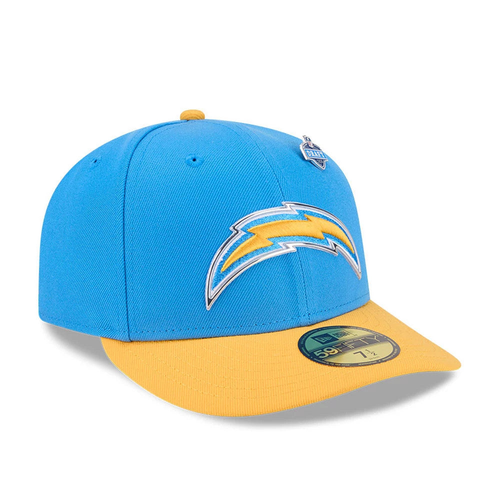 LA Chargers NFL Draft 2026 Blue New Era 59FIFTY Fitted Cap, front view showing the yellow and white embroidered Chargers bolt logo on the blue front panel, with a yellow visor and a gold 59FIFTY size sticker on the visor.