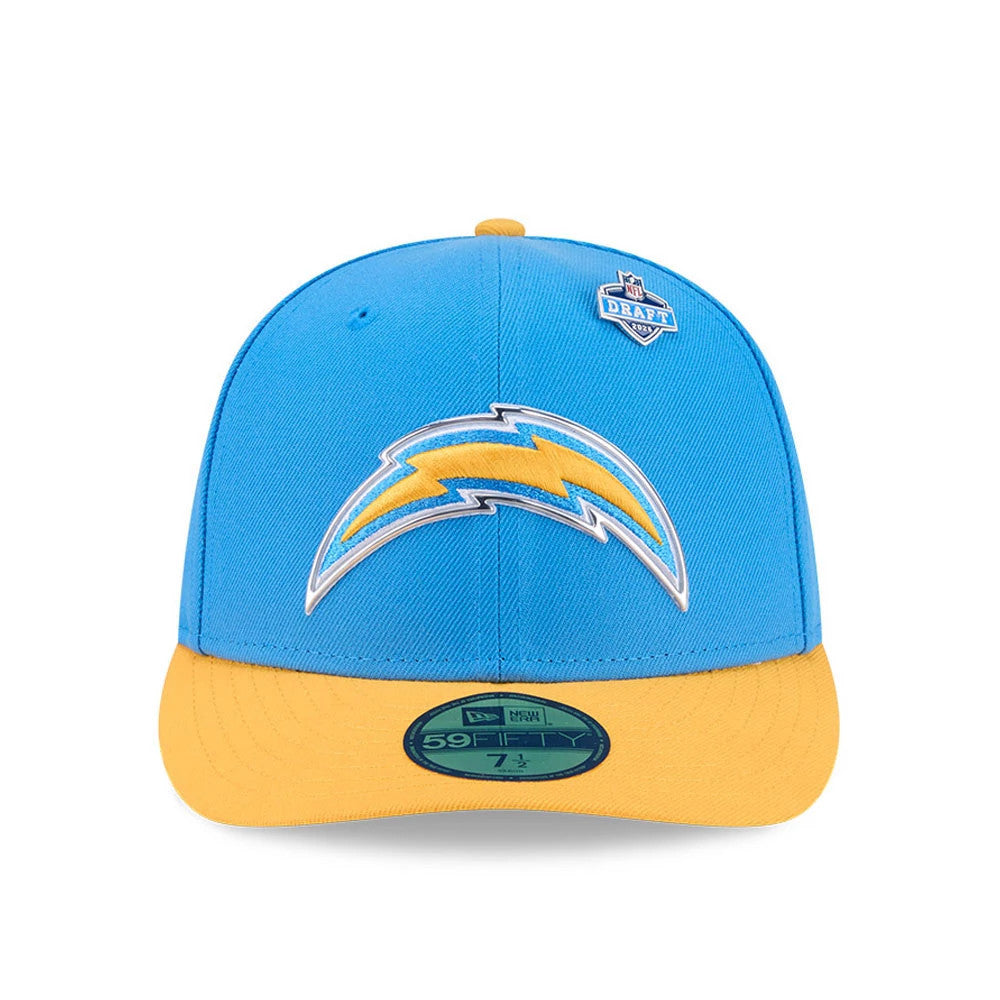 LA Chargers NFL Draft 2026 Blue New Era 59FIFTY Fitted Cap, front view showing the raised embroidered Chargers logo on the blue crown, a yellow visor with a green 59FIFTY size sticker, and an NFL Draft patch on the right side.