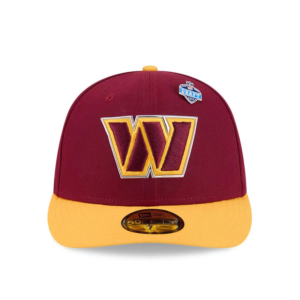 Washington Commanders NFL Draft 2026 Dark Red New Era 59FIFTY Fitted Cap, front view showing a prominent raised dark red and gold embroidered W logo on the structured crown, with a gold New Era 59FIFTY size sticker on the yellow visor.