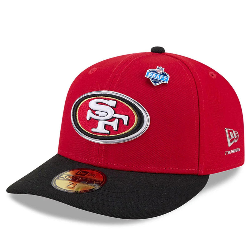 San Francisco 49ers NFL Draft 2026 Red New Era 59FIFTY Fitted Cap, front view showing the raised white and red SF logo on the front panel, a contrasting black flat visor with a gold 59FIFTY size sticker, and the New Era flag logo on the left side.