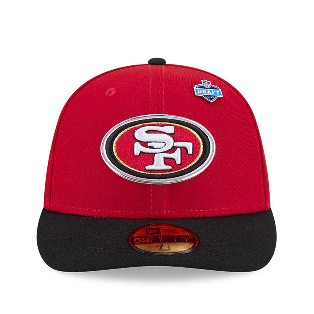 San Francisco 49ers NFL Draft 2026 Red New Era 59FIFTY Fitted Cap, front view showing the raised embroidered team logo on the red crown, a black visor with a gold 59FIFTY size sticker, and an NFL Draft pin above the logo.