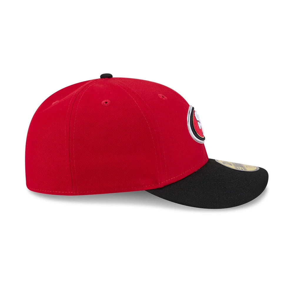 San Francisco 49ers NFL Draft 2026 Red New Era 59FIFTY Fitted Cap, side view showing a curved black visor featuring the gold 59FIFTY size sticker, a prominent raised embroidered team logo on the front panel, and a structured red crown.