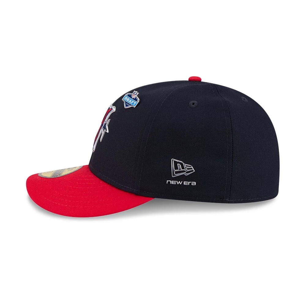 Houston Texans NFL Draft 2026 Navy New Era 59FIFTY Fitted Cap, side view showing the silver embroidered New Era flag logo on the left side panel, with a red visor and a red top button against the navy structured crown.