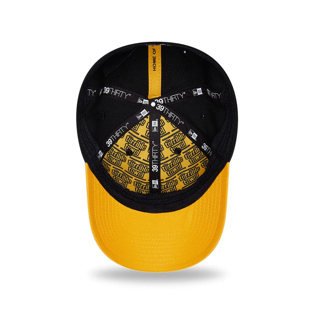 Pittsburgh Steelers NFL Draft 2026 Black New Era 39THIRTY M-Crown Stretch Fit Cap, inside view showing black taping with a 39THIRTY logo, bright yellow undervisor matching the yellow sweatband, and printed graphics lining the inside panels.