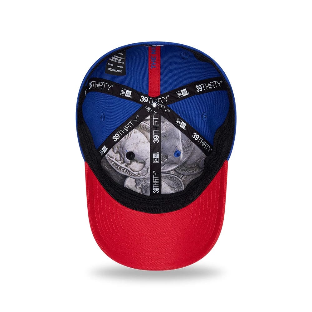 Buffalo Bills NFL Draft 2026 Blue New Era 39THIRTY M-Crown Stretch Fit Cap, inside view showing intricate taping with 39THIRTY logos, a red sweatband, and an artistic coin-themed undervisor design.