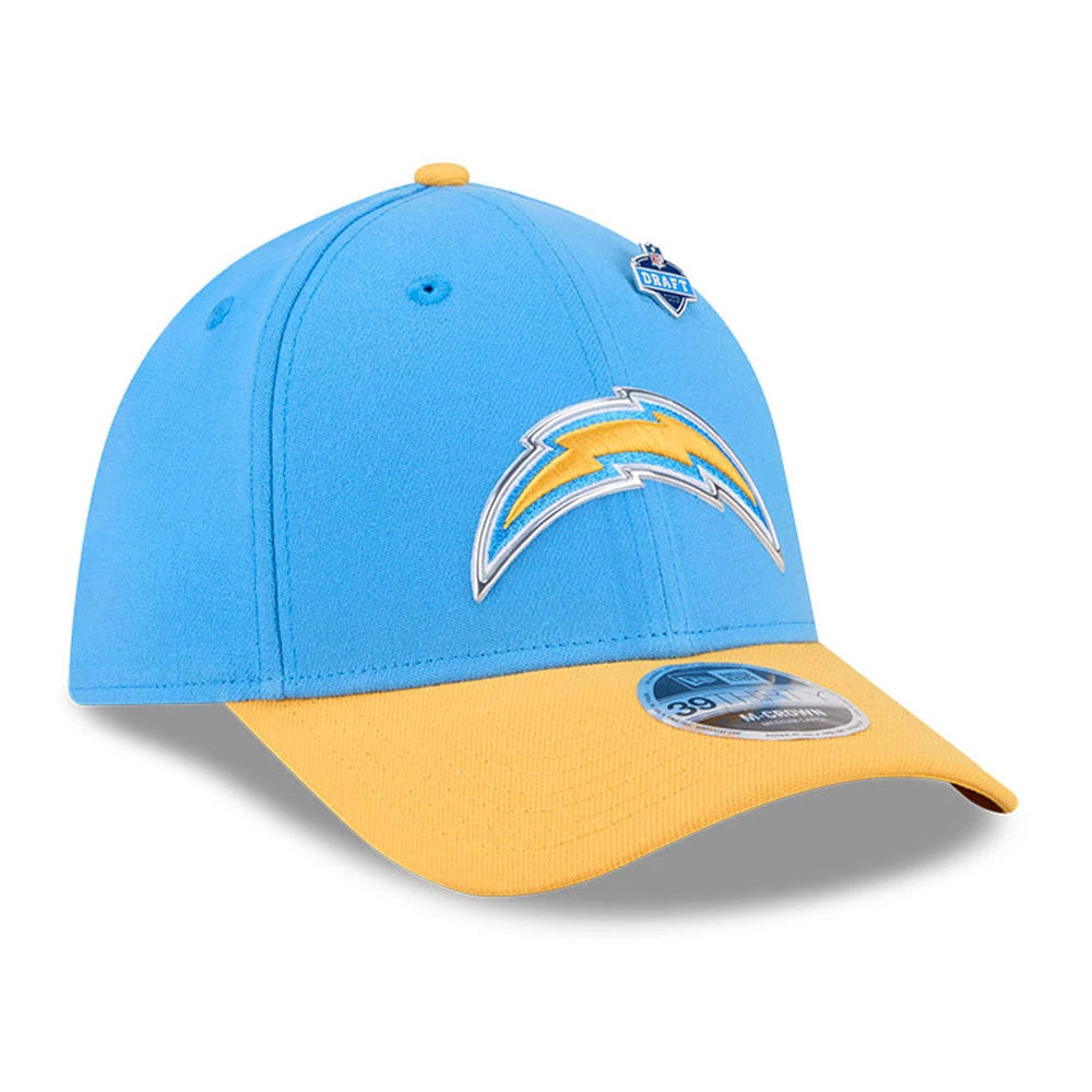LA Chargers NFL Draft 2026 Blue New Era 39THIRTY M-Crown Stretch Fit Cap, front view showing the raised embroidered Chargers logo in yellow and white on the structured blue crown, with a yellow visor and a 39THIRTY size sticker.