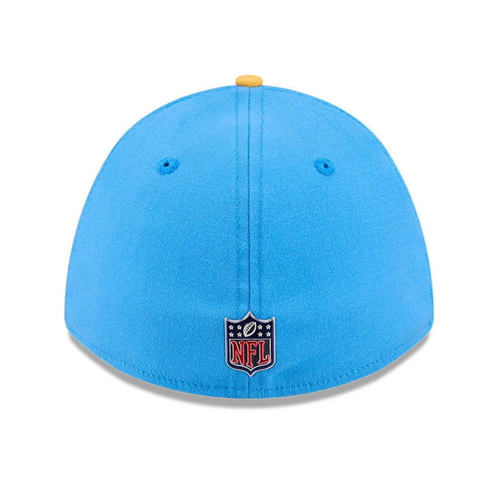 LA Chargers NFL Draft 2026 Blue New Era 39THIRTY M-Crown Stretch Fit Cap, rear view showing the red and blue embroidered NFL logo at the centre of the back panels, a yellow top button, and blue eyelets on a light blue structured crown.