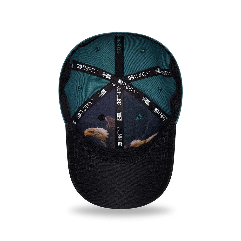 Pictured is this NFL Draft 2026 Philadelphia Eagles 39THIRTY M-Crown Stretch Fit cap in dark green. 2