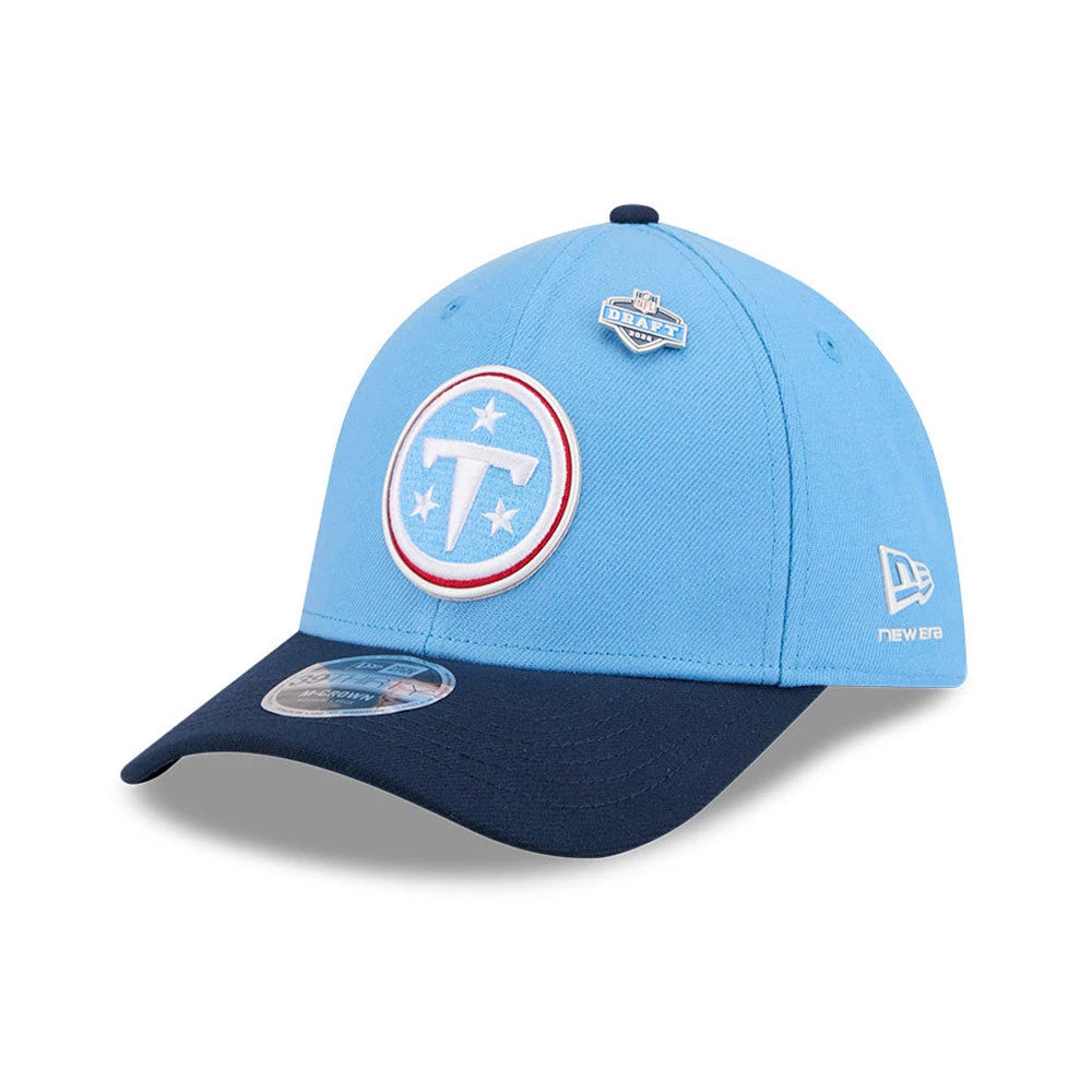 Tennessee Titans NFL Draft 2026 Dark Blue New Era 39THIRTY M-Crown Stretch Fit Cap, front view showing the raised embroidered Titans logo on the light blue front panel, contrasting with a dark blue curved visor and 39THIRTY size sticker.