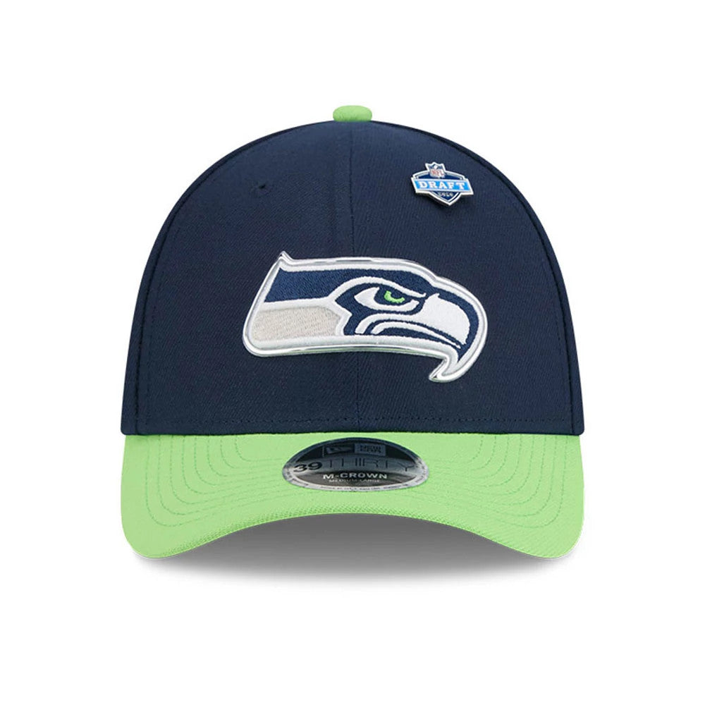 Pictured is this NFL Draft 2026 Seattle Seahawks 39THIRTY M-Crown Stretch Fit cap in dark blue. 3