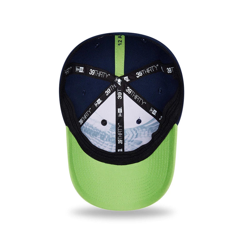Pictured is this NFL Draft 2026 Seattle Seahawks 39THIRTY M-Crown Stretch Fit cap in dark blue. 2