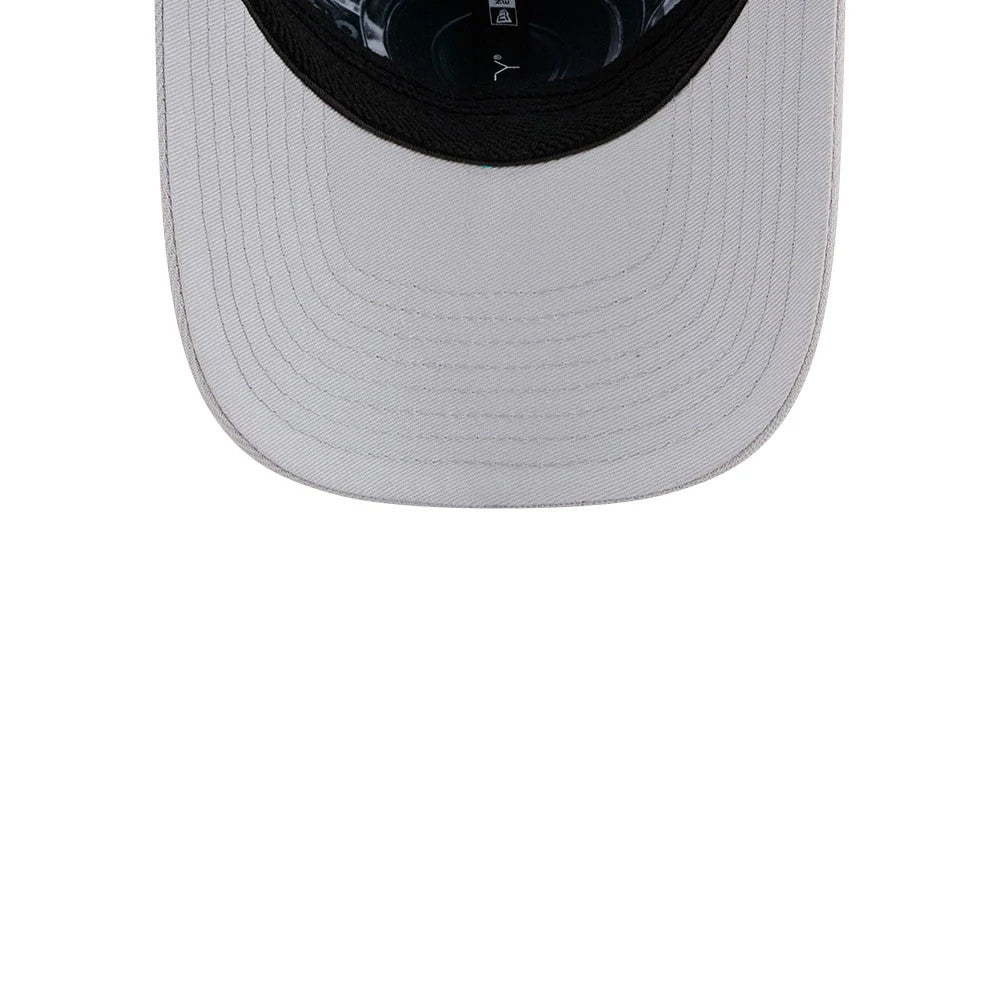 Detroit Lions NFL Draft 2026 Blue New Era 39THIRTY M-Crown Stretch Fit Cap, inside view showing the grey undervisor, black interior sweatband with size sticker, and Detroit Lions graphic on the underside of the crown.