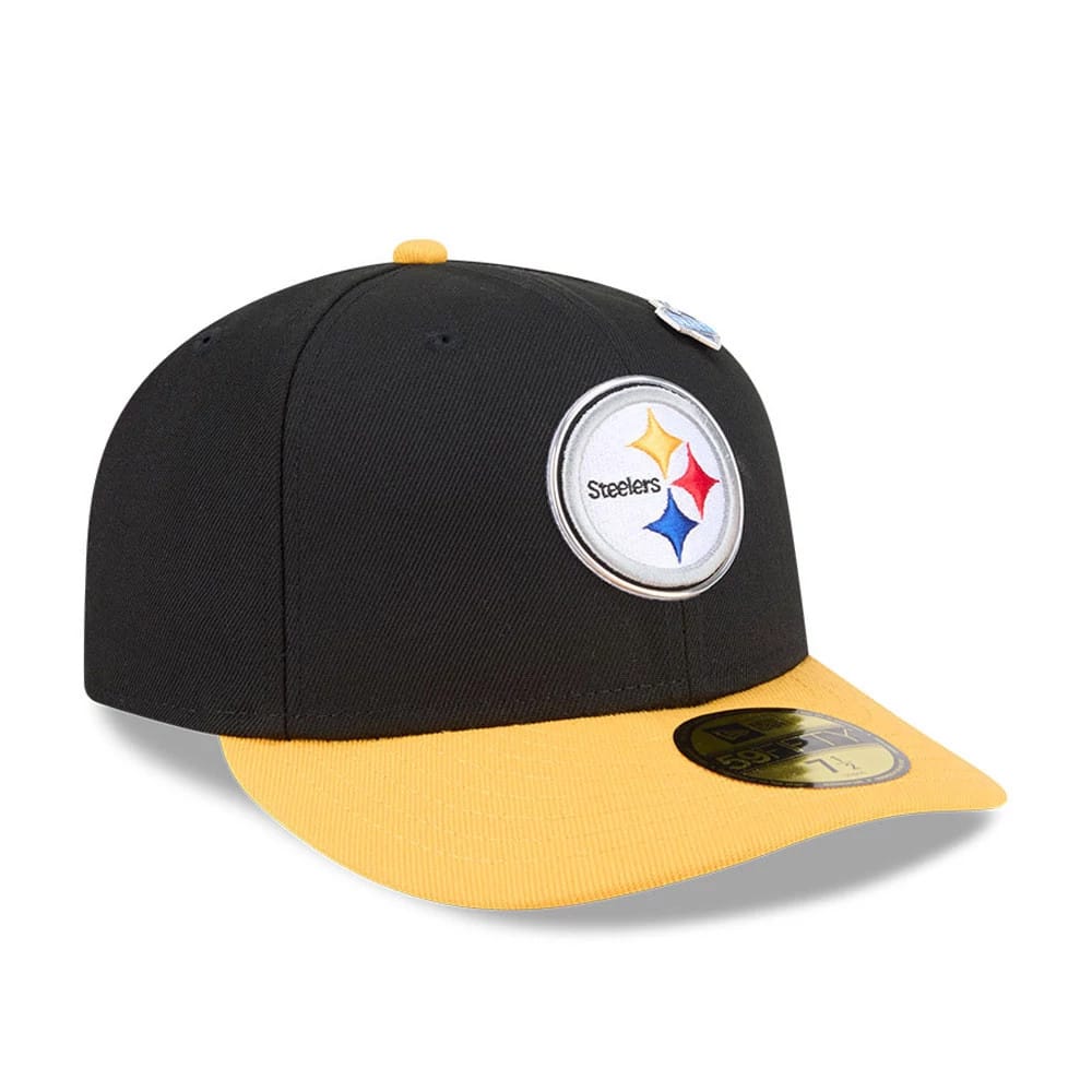 Pittsburgh Steelers NFL Draft 2026 Black New Era 59FIFTY Fitted Cap, three-quarter view showing the raised embroidered Steelers logo in white, black and gold on the front panel, with a bright yellow visor and a gold 59FIFTY size sticker.