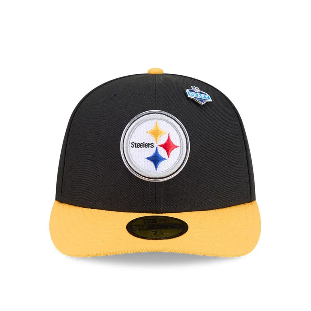 Pittsburgh Steelers NFL Draft 2026 Black New Era 59FIFTY Fitted Cap, front view showing the white, red, yellow, and blue embroidered logo on the front panel, with a contrasting yellow visor and an NFL Draft pin near the top button.