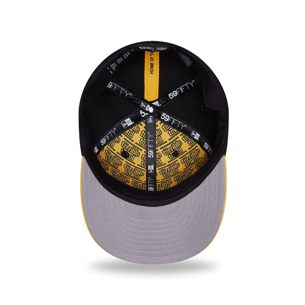 Pittsburgh Steelers NFL Draft 2026 Black New Era 59FIFTY Fitted Cap, inside view showing the black 59FIFTY taping across the panels, a gold and black Steelers logo print on the yellow lining, and a grey undervisor.
