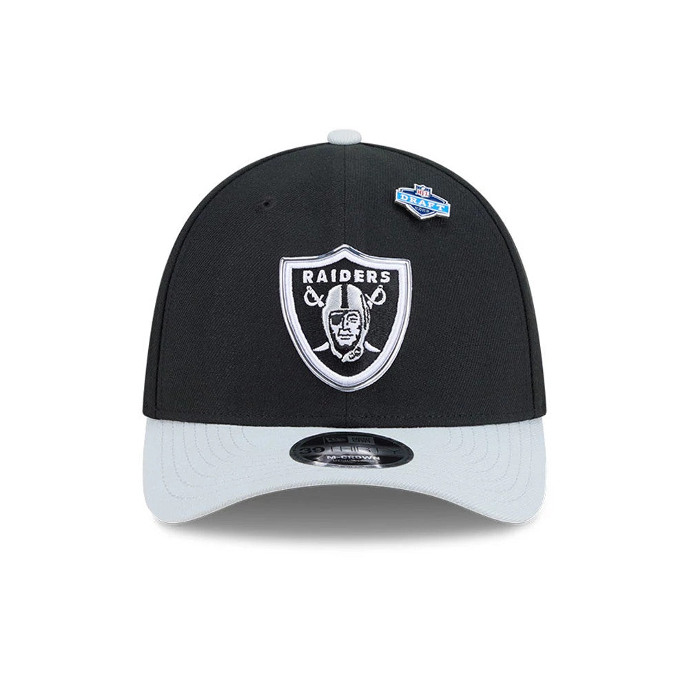 Pictured is this NFL Draft 2026 Las Vegas Raiders 39THIRTY M-Crown Stretch Fit cap in black. 3