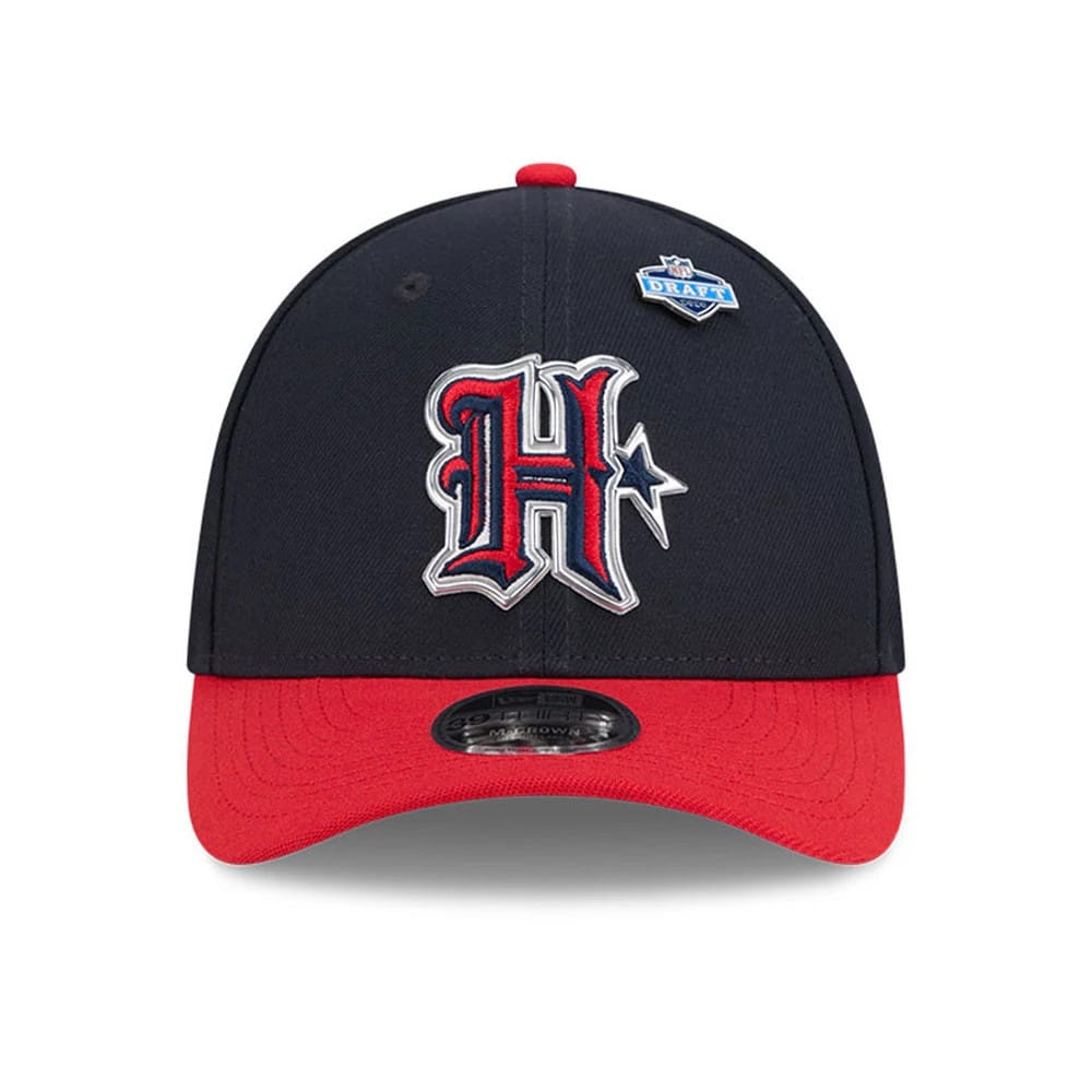 Houston Texans NFL Draft 2026 Navy New Era 39THIRTY M-Crown Stretch Fit Cap, front view showing a prominent red and white embroidered H logo with a star on the navy crown, and featuring a contrasting red visor with a 39THIRTY size sticker.