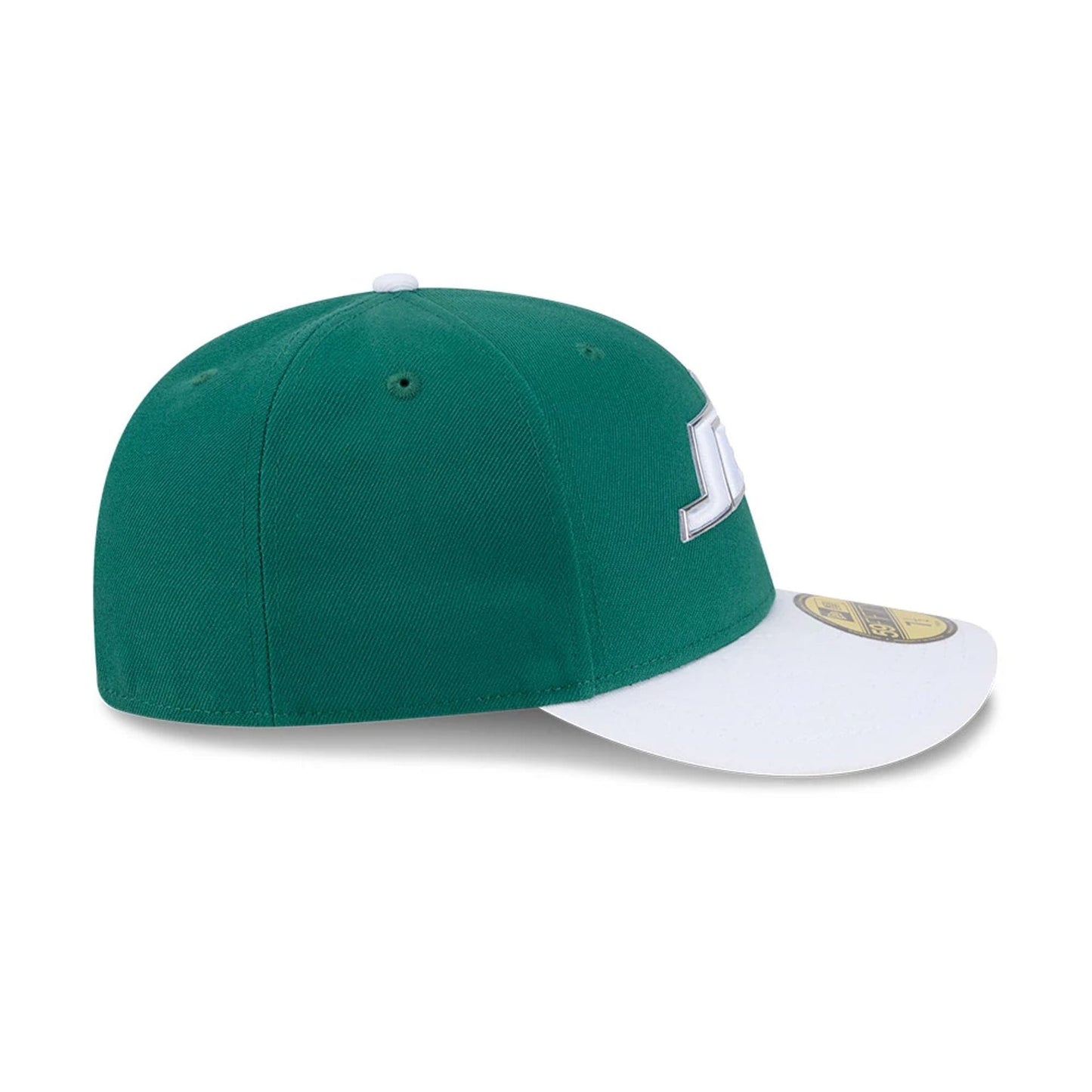 New York Jets NFL Draft 2026 Green New Era 59FIFTY Fitted Cap, side view showing the raised white Jets logo on the front panel, curved visor in white, green structured crown, and a gold 59FIFTY size sticker on the visor.