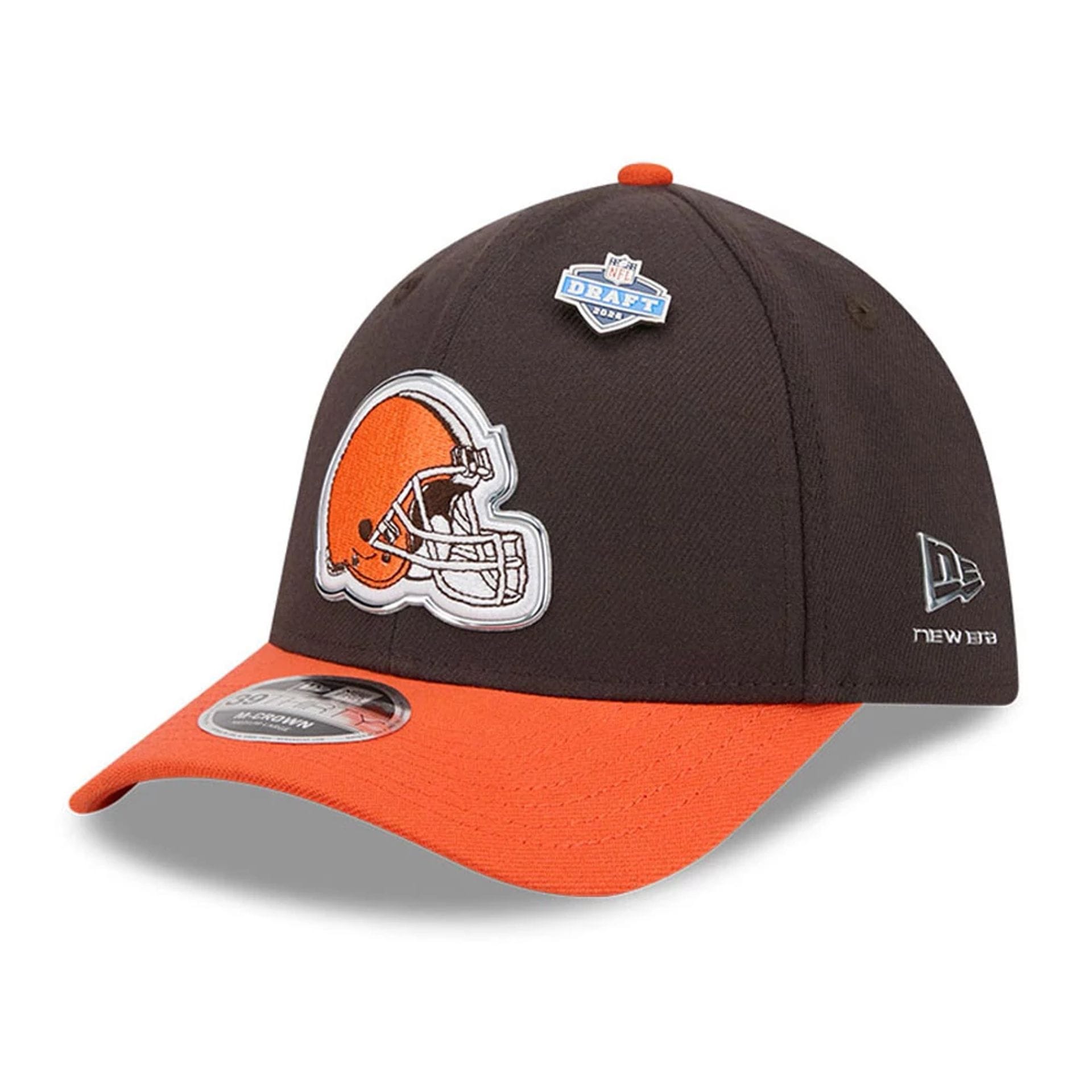 Pictured is this NFL Draft 2026 Cleveland Browns 39THIRTY M-Crown Stretch Fit cap in dark brown. 1