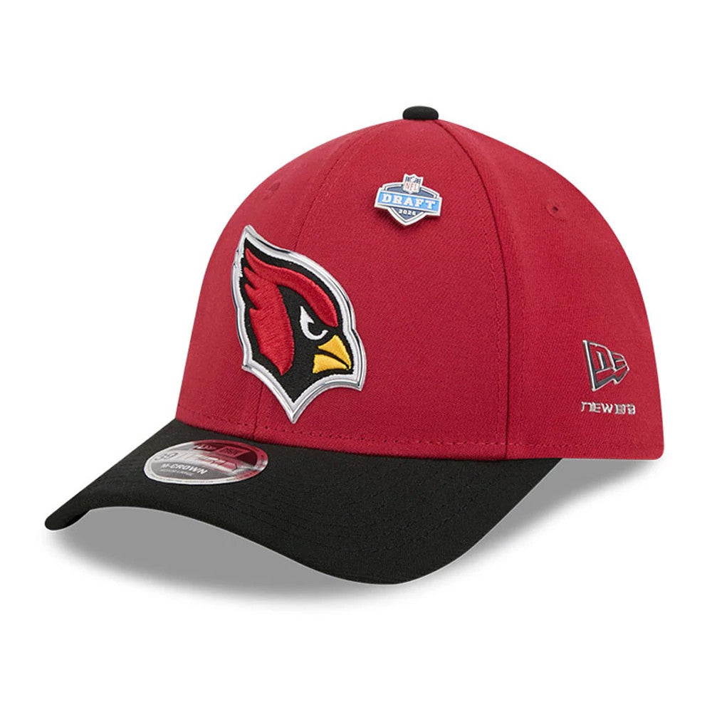 Arizona Cardinals NFL Draft 2026 Dark Red New Era 39THIRTY M-Crown Stretch Fit Cap, three-quarter view showing the raised embroidered Cardinals logo on the front panel, NFL Draft shield pin above it, and black curved visor with 39THIRTY size sticker.