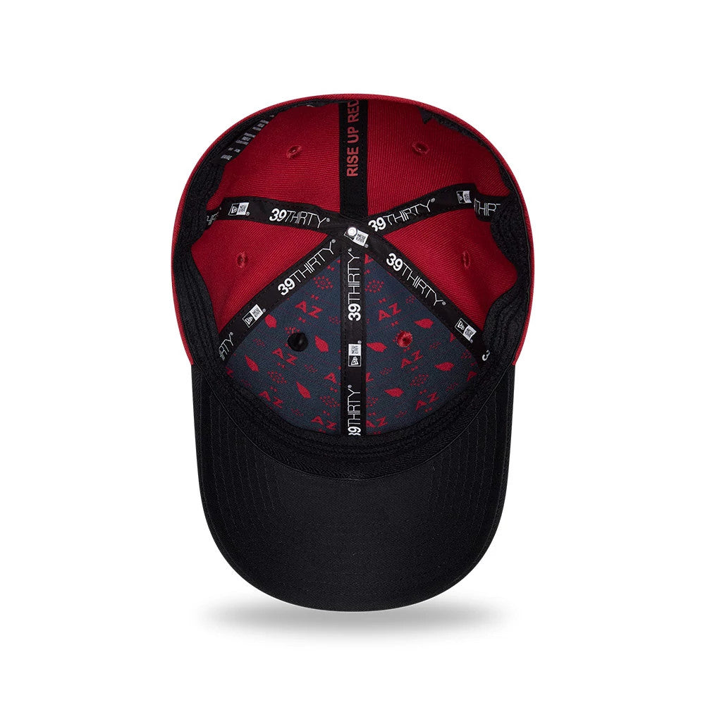 Arizona Cardinals NFL Draft 2026 Dark Red New Era 39THIRTY M-Crown Stretch Fit Cap, inside view showing black taping with repeated 39THIRTY branding, a black sweatband, and a dark red undervisor with AZ logos on patterned fabric.