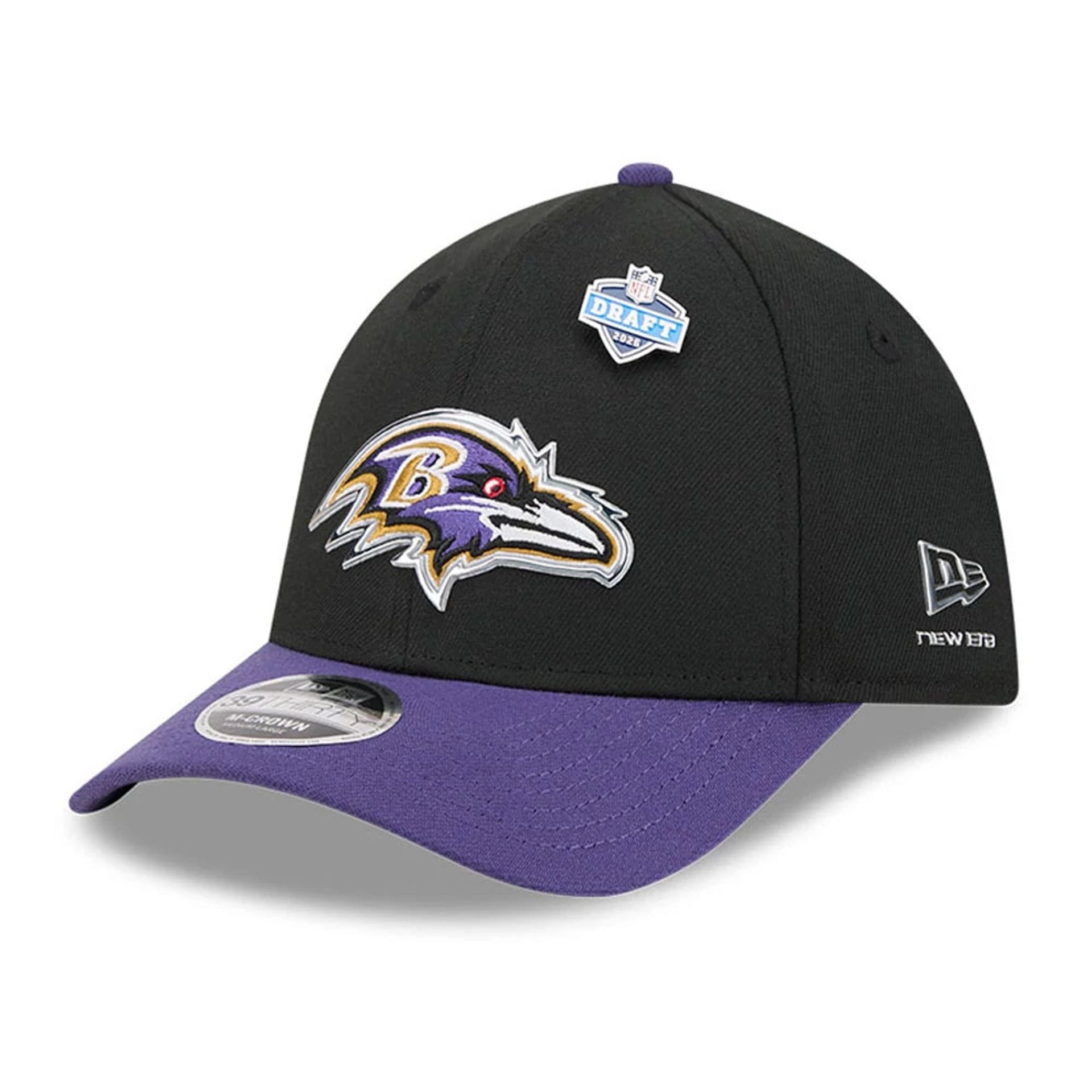 Pictured is this NFL Draft 2026 Baltimore Ravens 39THIRTY M-Crown Stretch Fit cap in black. 1