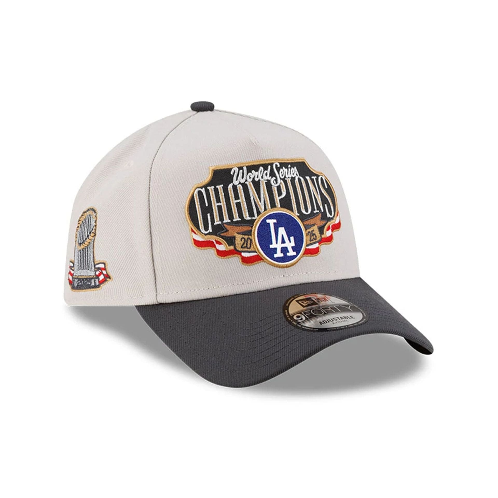 Pictured is this LA Dodgers MLB World Series Champions 2025 White 9FORTY A-Frame adjustable cap. 1