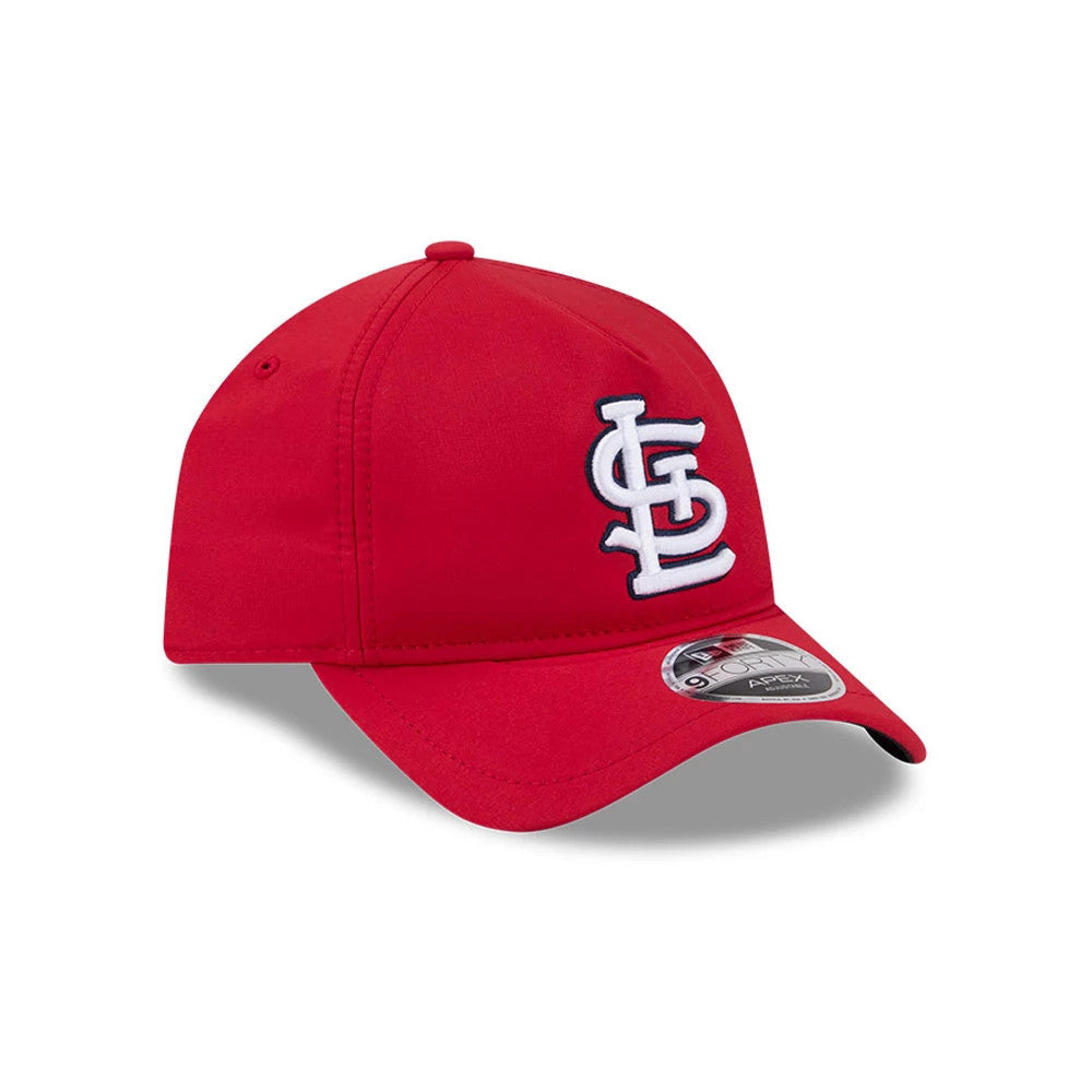 St. Louis Cardinals MLB Quickstrike Red New Era 9FORTY Apex Adjustable Cap, front view showing the raised embroidered white Cardinals logo on the front panel, with a curved red visor and the 9FORTY size sticker placed on the visor.
