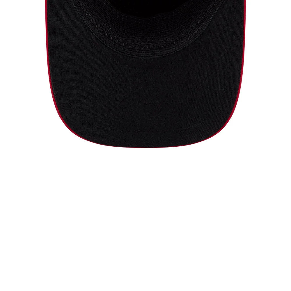 St. Louis Cardinals MLB Quickstrike Red New Era 9FORTY Apex Adjustable Cap, inside view showing a black sweatband circling the interior, with black taping beneath a curved black visor trimmed with a red edge.