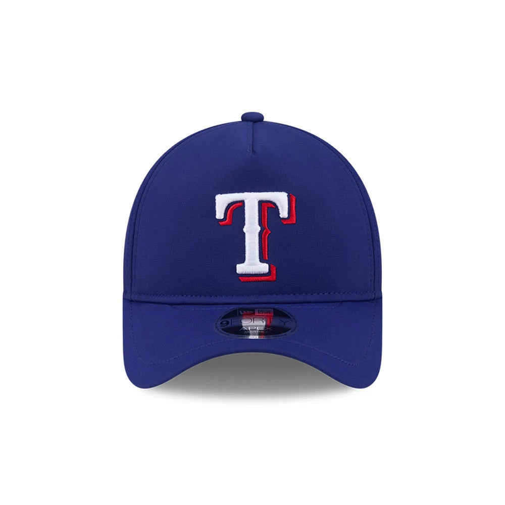 Texas Rangers MLB Quickstrike Dark Blue New Era 9FORTY Apex Adjustable Cap, front view showing the raised white and red embroidered T logo on the front panel, curved visor, and a 9FORTY APEX size sticker on the underside.