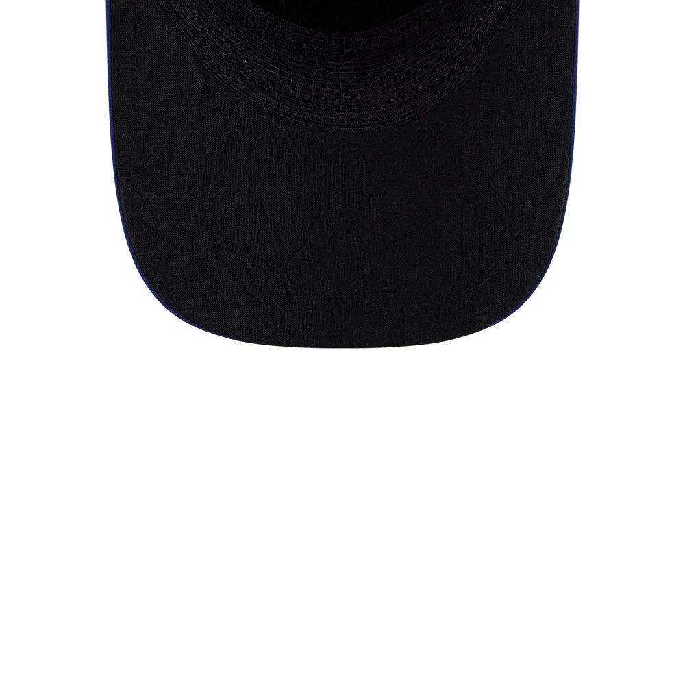 Texas Rangers MLB Quickstrike Dark Blue New Era 9FORTY Apex Adjustable Cap, inside view showing the black fabric undervisor, the arc of internal black taping around the crown, and the wide black headband lining the cap's interior.