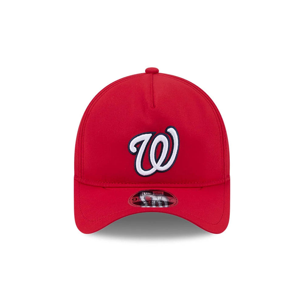 Washington Nationals MLB Quickstrike Red New Era 9FORTY Apex Adjustable Cap, front view showing the raised white embroidered W logo on the structured red crown, matching red visor and 9FORTY size sticker on the visor.