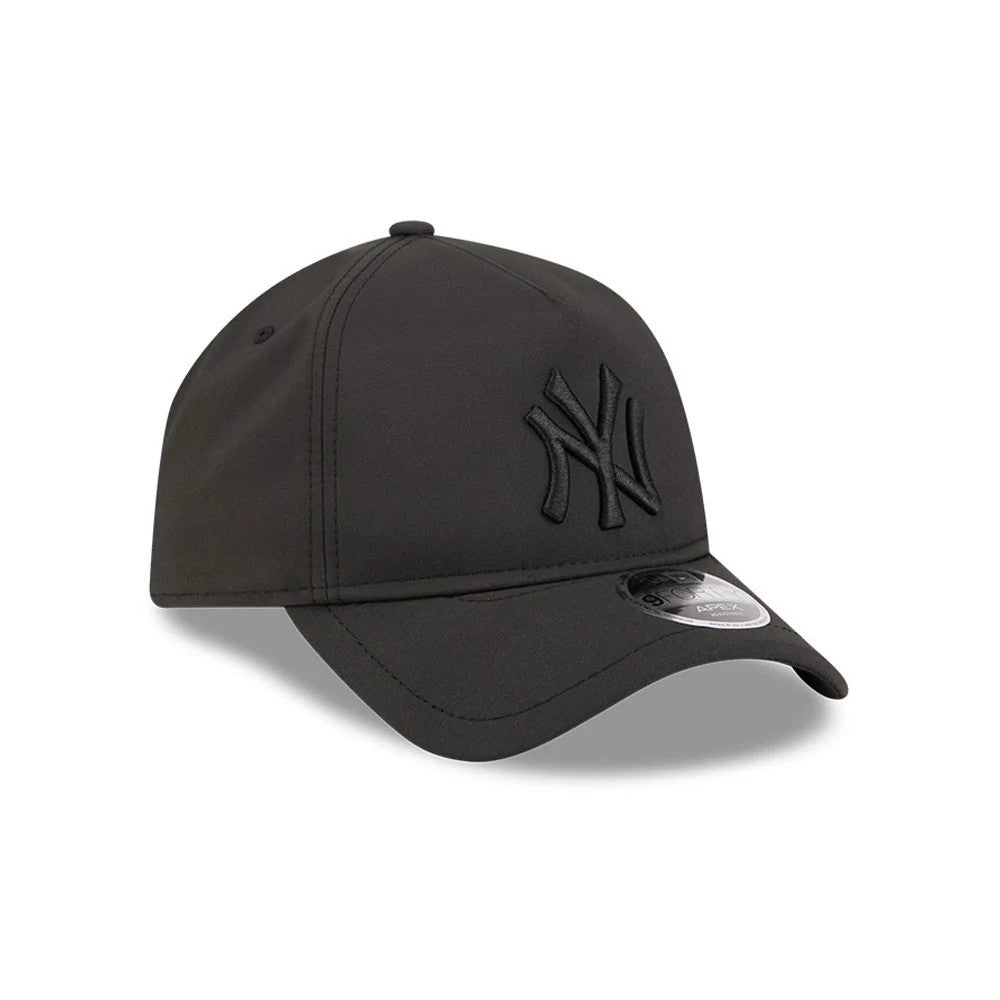 Yankees MLB Quickstrike Black on Black New Era 9FORTY Apex Adjustable Cap, three-quarter view showing raised black NY logo embroidery on the front panel, pre-curved black visor with a 9FORTY size sticker, and matching top button.