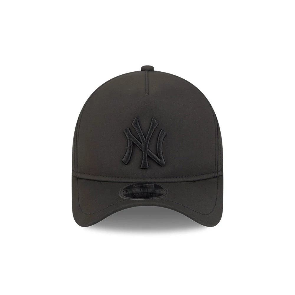 Yankees MLB Quickstrike Black on Black New Era 9FORTY Apex Adjustable Cap, front view showing a black raised embroidered NY logo on the structured crown, curved visor with a 9FORTY size sticker, and matching top button.