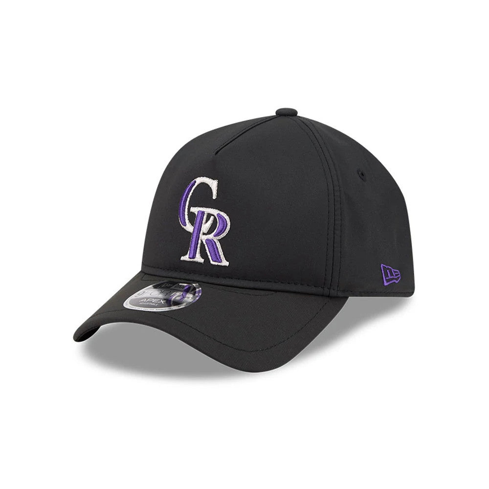 Colorado Rockies MLB Quickstrike Black New Era 9FORTY Apex Adjustable Cap, three-quarter view showing a raised purple and white embroidered CR logo on the front panel, curved black visor with a 9FORTY size sticker.