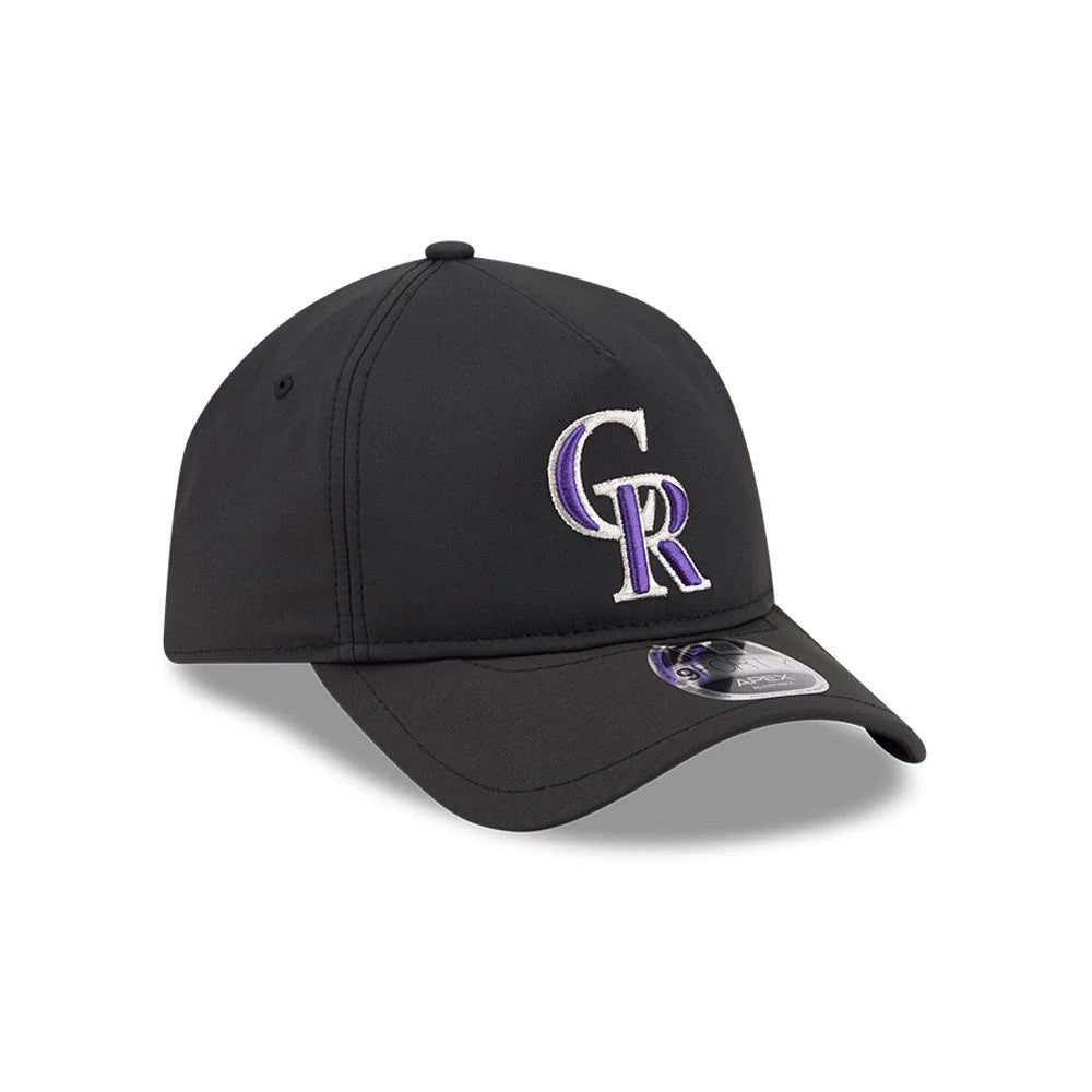 Colorado Rockies MLB Quickstrike Black New Era 9FORTY Apex Adjustable Cap, three-quarter view showing the raised white and purple embroidered CR logo on the front panel, complemented by a black curved visor with a 9FORTY size sticker.