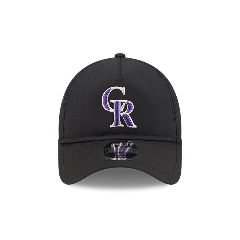 Colorado Rockies MLB Quickstrike Black New Era 9FORTY Apex Adjustable Cap, front view showing the raised purple and white embroidered CR logo on the front panel, black curved visor, and the 9FORTY size sticker on the centre of the visor.