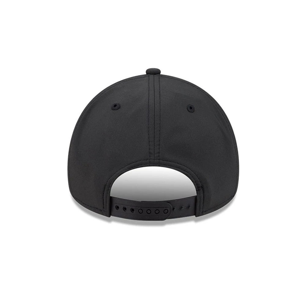 Colorado Rockies MLB Quickstrike Black New Era 9FORTY Apex Adjustable Cap, rear view showing the adjustable black strap with multiple snapback holes, eyelets on each back panel, and a central seam running down the structured black crown.