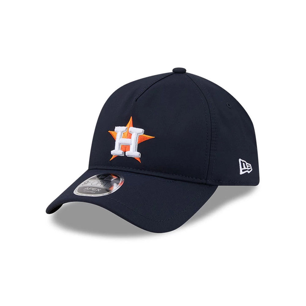 Houston Astros MLB Quickstrike Navy New Era 9FORTY Apex Adjustable Cap, front view showing the raised embroidered orange and white Astros logo on the front panel, with a curved visor and a 9FORTY size sticker.