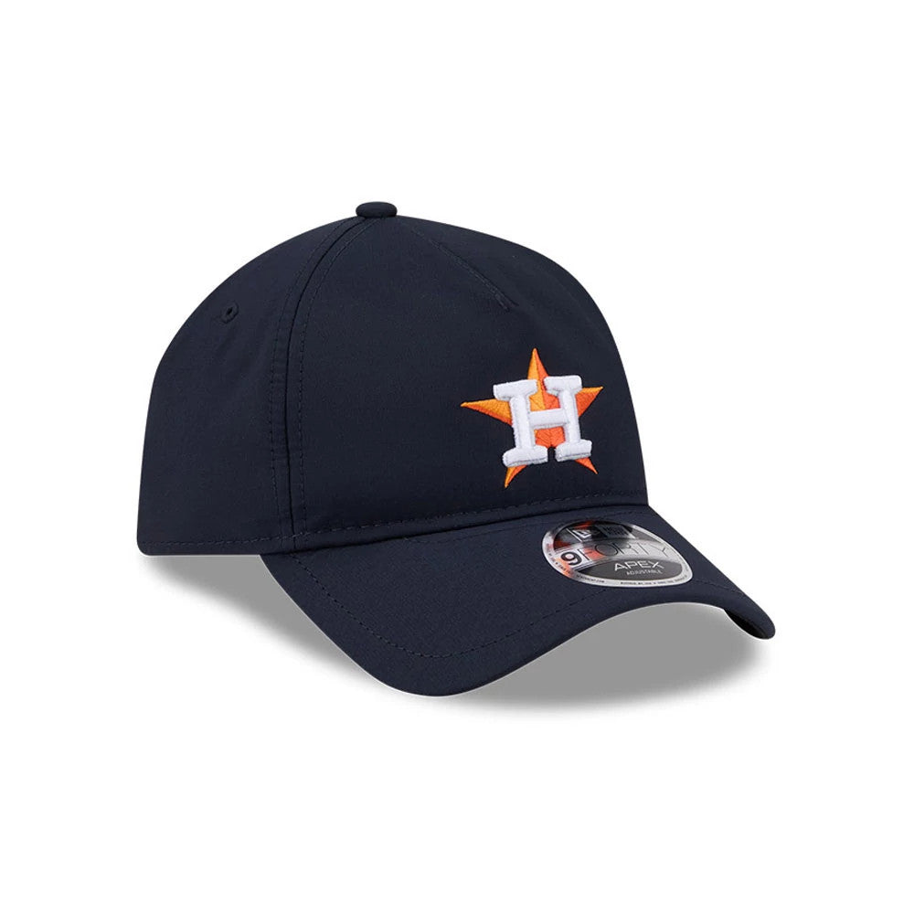 Houston Astros MLB Quickstrike Navy New Era 9FORTY Apex Adjustable Cap, three-quarter view showing the raised white and orange embroidered Astros logo on the front panel, with a navy curved visor and 9FORTY size sticker attached to the top.