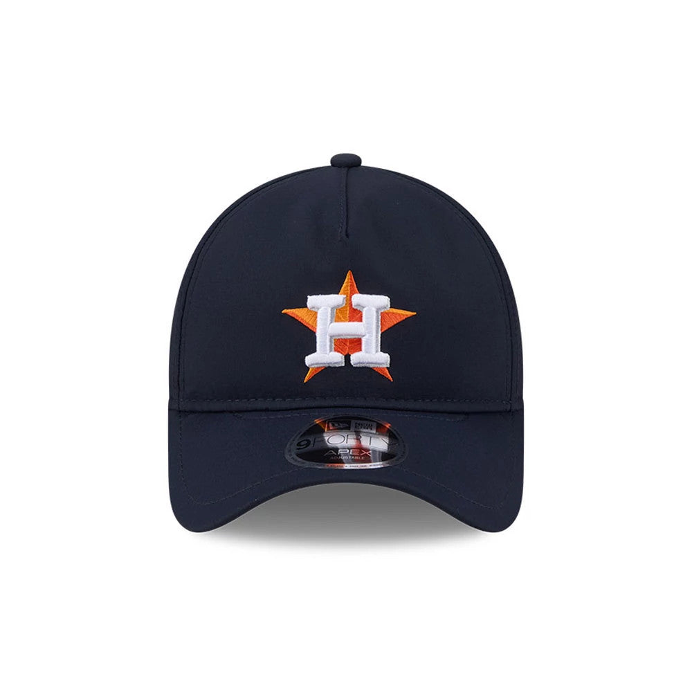 Houston Astros MLB Quickstrike Navy New Era 9FORTY Apex Adjustable Cap, front view showing the white and orange embroidered Astros logo on the navy structured crown, with a curved visor and a 9FORTY size sticker on the centre.