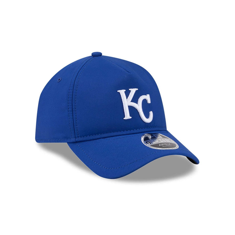 Kansas City Royals MLB Quickstrike Blue New Era 9FORTY Apex Adjustable Cap, three-quarter view showing the white KC logo embroidered on the front panel, blue structured crown, curved visor with a 9FORTY size sticker on top in tones.