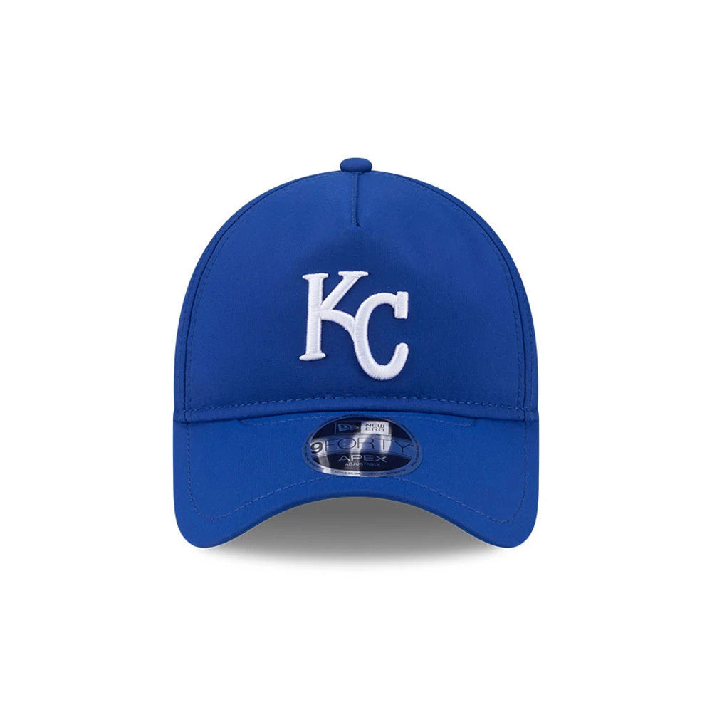 Kansas City Royals MLB Quickstrike Blue New Era 9FORTY Apex Adjustable Cap, front view showing the white raised embroidered KC logo on the structured blue crown, curved blue visor with a 9FORTY size sticker, and matching blue top button.