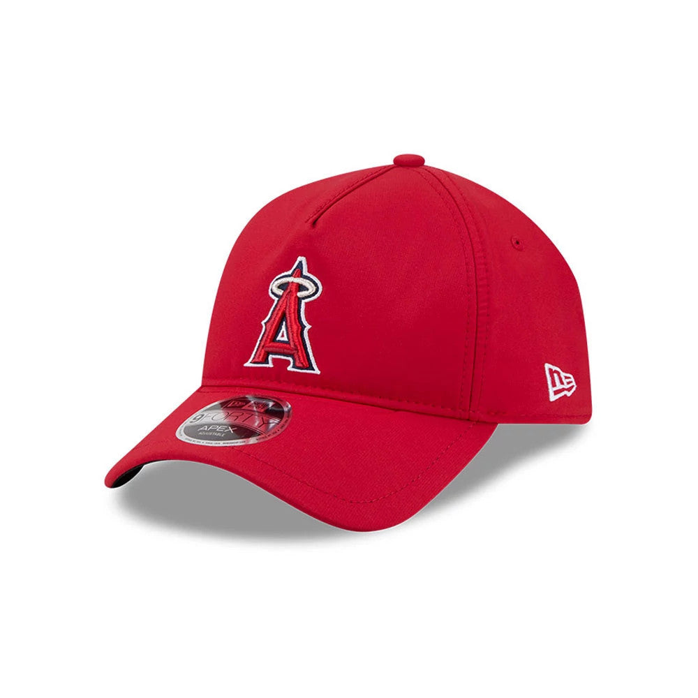 LA Angels MLB Quickstrike Red New Era 9FORTY Apex Adjustable Cap, three-quarter view showing the raised embroidered Angels A logo on the structured red crown, with a curved visor featuring a 9FORTY size sticker.
